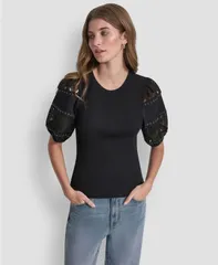 ダナキャランニューヨーク レディース トップス シャツ クルーネック レース DKNY Jeans Womens Crew Neck Laceyelet PullOn Top Black ブラックのサムネイル