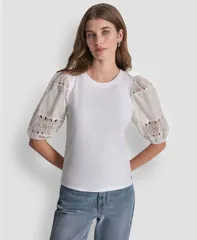 ダナキャランニューヨーク レディース トップス シャツ クルーネック レース DKNY Jeans Womens Crew Neck Laceyelet PullOn Top White ホワイトのサムネイル
