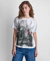 ダナキャランニューヨーク レディース トップス Tシャツ クルーネック スパンコール ロゴ DKNY Jeans Womens New York Stacked TwoTone Sequin Logoのサムネイル