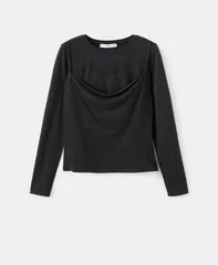 マンゴ レディース トップス Tシャツ ドレープ MANGO Womens Draped Combined TShirt Dark Heather Gray グレーのサムネイル