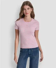 ダナキャランニューヨーク レディース トップス シャツ クルーネック DKNY Jeans Womens Crew Neck Striped Rib Topink LavenderIvory アイボリのサムネイル