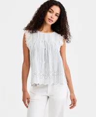 ラッキーブランド レディース トップス シャツ ノースリーブ コットン リネン Lucky Brand Womenstriped Cotton Linen Sleeveless Top Blue Stのサムネイル