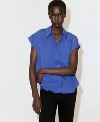 マンゴ レディース トップス シャツ 半袖 MANGO WomenshortSleeved Lyocell Shirt Blue ブルーのサムネイル