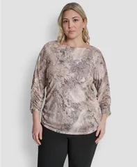 ダナ キャラン ニューヨーク レディース トップス シャツ プラスサイズ 長袖 DKNY Plusize Boat Neck LongSleeve Top CoconutTravertine Multのサムネイル