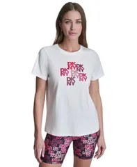 ダナ キャラン ニューヨーク レディース トップス Tシャツ クルーネック ロゴ DKNY Sport Womens Mixed Media Logo Crewneck TShirt White ホワのサムネイル