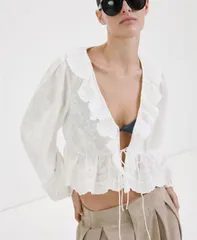 マンゴ レディース トップス シャツ フリル 刺繍 ブラウス MANGO Womens Ruffled Embroide red Blouse Off White オフホワイトのサムネイル