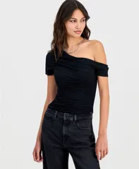 ゲス レディース トップス シャツ アシンメトリー 半袖 GUESS Womens Jaide Asymmetric ShortSleeve Shirring Top Jet Black A996 ブのサムネイル
