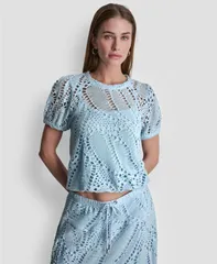 ダナ キャラン ニューヨーク レディース トップス シャツ 半袖 DKNY Womens Leaf Crochet ShortSleeve Top Light Blue ブルーのサムネイル