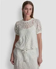 ダナ キャラン ニューヨーク レディース トップス シャツ 半袖 DKNY Womens Leaf Crochet ShortSleeve Top Ivory アイボリーのサムネイル