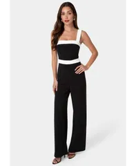 ベベ レディース トップス ジャンプスーツ カラーブロック Bebe Womens Colorblock Square Neck Jumpsuit Black white ホワイトのサムネイル