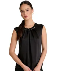 ミューズ レディース トップス シャツ クルーネック Muse Womens Tucked Beaded Crew Neck Top Black ブラックのサムネイル
