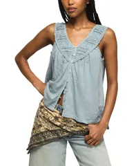 ラッキーブランド レディース トップス シャツ Vネック レース Lucky Brand Womens Lace Yoke VNeck Top Dusty Blue ブルーのサムネイル