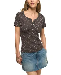 ラッキーブランド レディース トップス シャツ 半袖 Lucky Brand Womens Crochetrim ShortSleeve Henley Top Black Floral ブラックのサムネイル