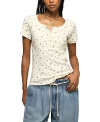 ラッキーブランド レディース トップス シャツ 半袖 Lucky Brand Womens Crochetrim ShortSleeve Henley Top Cream Floral クリームのサムネイル