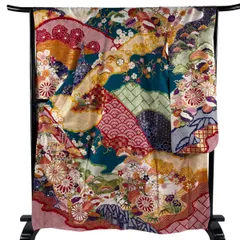 振袖 身丈165cm 裄丈66cm M 袷 貝桶 菊 金糸 金彩 青緑 正絹 名品 【中古】のサムネイル