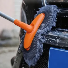 【電池不要】伸縮式デュアルヘッド 洗車モップ 自動車クリーニングツール ソフトスクラブブラシ付き 回転モップ ウォーターレス洗車 傷つけにくい オレンジのサムネイル