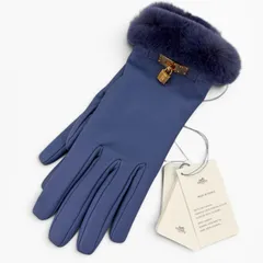 未使用品☆HERMES エルメス ケリー グローブ ラムスキン ミンクファー ゴールド金具 ケリー金具 レザーグローブ 手袋 ブルー 7.5 箱付きのサムネイル