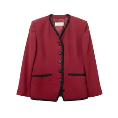 3g2 YVES SAINT LAURENT イヴサンローラン ノーカラージャケット ウールジャケット 編み込みトリム サイズ36 ワインレッド レディース 女性用u02tのサムネイル