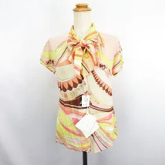 エミリオプッチ EMILIO PUCCI ブラウス シャツ 半袖 ドルマンスリーブ ボウタイ ウエストシェイプ 総柄 シアー シルク ストレッチ I 40 F 36 USA 6 マルチカラー ※EKMのサムネイル