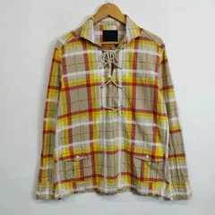 90s TAKEO KIKUCHI マドラスチェック レースアップ シャツ プルオーバー 長袖 シャツ コットン ポケット 日本製 DC archive ヒッピー ディスコ イエロー レッド 2 G18のサムネイル