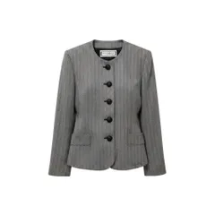31g2 YVES SAINT LAURENT イヴサンローラン ノーカラージャケット ヘリンボーン柄  サイズM ブラック ホワイト ウール100％ レディース 女性用u02tのサムネイル