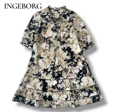 インゲボルグ INGEBORG 花柄 フレア チュニック ミニワンピース ブラック 黒 リボン フラワー コットン100% 9 M ピンクハウス 6JL001のサムネイル