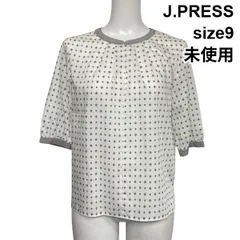 □ 未使用 ジェイプレス J.PRESS プルオーバーブラウス シャツ 半袖 バンドカラー 幾何学模様 白 グレー 9 M 9号 レディース S6G012のサムネイル