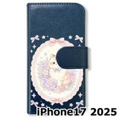 【新品未使用】 iPhone17 2025 手帳型スマホ ケース (色：ネイビー×花輪ねこ) 猫 花輪 レース リボン かわいい 韓国 flip2-ip17-nv-591のサムネイル