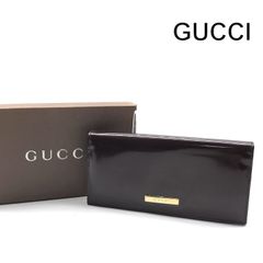 未使用級箱付き】GUCCI グッチ Gロゴプレート パテント 長財布 黒茶 