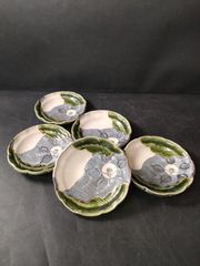 F27-09/玉山窯/美濃焼/玉置保夫 造/織部椿輪花皿 5客/骨董/向付/小鉢