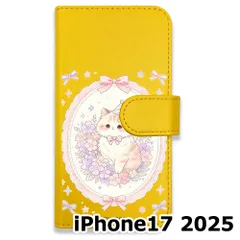 【新品未使用】 iPhone17 2025 手帳型スマホ ケース (色：イエロー×花輪ねこ) 猫 花輪 レース リボン かわいい 韓国 flip2-ip17-ye-591のサムネイル