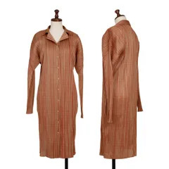 プリーツプリーズPLEATS PLEASE ギンガムチェックロングシャツ 茶3のサムネイル