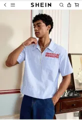 SHEIN MANFINITY ストライプ ハーフジップアップ 半袖 シャツ XLのサムネイル