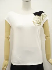 ポールカ PAULE KA フレンチスリーブ 半袖 ボートネック カットソー S ホワイト地 ブラック ゴールド スパンコール メール便可のサムネイル