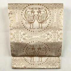 たんす屋 リユース帯 帯 袋帯 アイボリー セミフォーマル 織り 金糸 龍村晋 壁画風 絵皿 向い鳥 絹 全通 洗い済 7650004285083のサムネイル