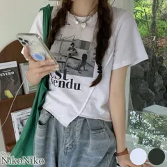 ショップにこにこ フォトプリント アシンメトリー チビTシャツ ma 【即納】へそ出し  クロップド丈 ショート丈 参戦服 フェスコーデ トップス チビT スリット モノクロプリントのサムネイル