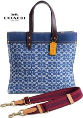 COACHコーチシグネチャー デニム、リファインド カーフ レザートート