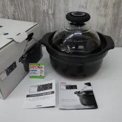 HARIO ハリオ フタがガラス 萬古焼 土鍋 ご飯釜 N 3合 GN-200B レシピ付き 耐熱ガラス ガス火 陶器 未使用品のサムネイル