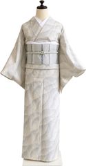 着物】【紬】単衣紬 正絹 白地 グレー絣 波柄 パールトーン加工 居敷