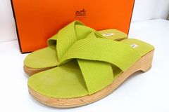 美品 HERMES フールトゥ キャンバス クロスストラップ サンダル ライム
