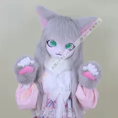 着ぐるみヘッド 猫 立ち耳 ライトグレー 全頭ヘッド ケモノ マスク ファースーツ ぬいぐるみ コスプレ コスチューム kigurumi CSZ72P079のサムネイル