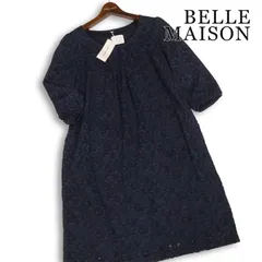 【新品 未使用】 BELLE MAISON ベルメゾン 通年 花柄 レース総柄♪ ひざ丈 ワンピース ドレス Sz.L レディース 紺のサムネイル