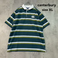 canterbury カンタベリー XL ラガーシャツ ブルー ホワイト イエロー 半袖 ポロシャツ ボーダー 襟付き ロゴ 刺繍 ワンポイント ラグビー スポーツ ウェア トップス コットン ポリエステル 大きいサイズ 古着 ★ ■◆のサムネイル