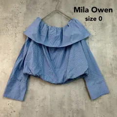 Mila Owen ミラオーウェン 0 オフショルバルーンショートブラウス ブルー ホワイト 長袖 ストライプ フリル ギャザー 2WAY カフス スリット コットン ポリエステル 中国製 シャツ トップス カットソー 古着 ★ ■◇のサムネイル