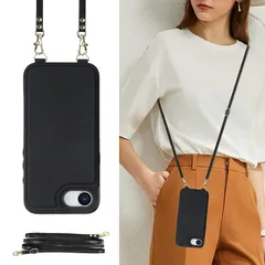 【新品】 Cavor iPhone16e/17e ケース手帳型首掛け肩掛け斜めがけ RFID機能財布型ケース PUレザー スタンド機能 磁気閉鎖付き 専属ストラップ同梱 Qi急速充電対応 ICカードホルダー スリ防止対策 ブラック 1のサムネイル