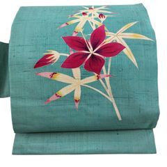 夏名古屋帯】草花模様 絽 手描き 刺繍 コバルトブルー 夏帯 夏物 正絹 