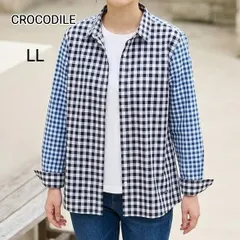 CROCODILE LL ギンガムチェック切替シャツ ブラック×ネイビー　ブラウス　長袖 コットン 大きいサイズ 美品　クロコダイル　大人カジュアル　ゆったり　バイカラーのサムネイル