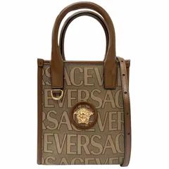 極美品□VERSACE ヴェルサーチ ヴェルサーチェ ラ メデューサ キャンバス レザー 2WAY ハンドバッグ ショルダーバッグ ベージュ ブラウンのサムネイル
