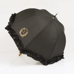 晴雨兼用傘 Maison de FLEUR メゾンドフルール ボリュームフリル USED美品 ブラック 深張り バンブーハンドル グラス骨 60cm S4194のサムネイル