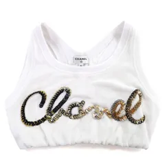 極美品△CHANEL シャネル P72665V64316 コットン ロゴ スパンコール パイル地 クロップド タンクトップ ホワイト 36 イタリア製 正規品のサムネイル